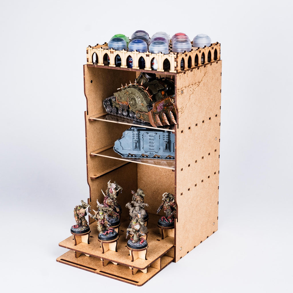 Vitrina de Miniaturas con Mango de Pintura — Repisa de Exhibición y Agarre para Pintar